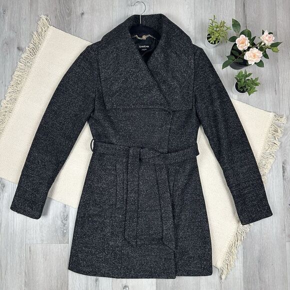 Bebe Trench Coat Pea Coat Gray Size S Belted Wrap Coat Above Knee Length - Picture 1 of 12